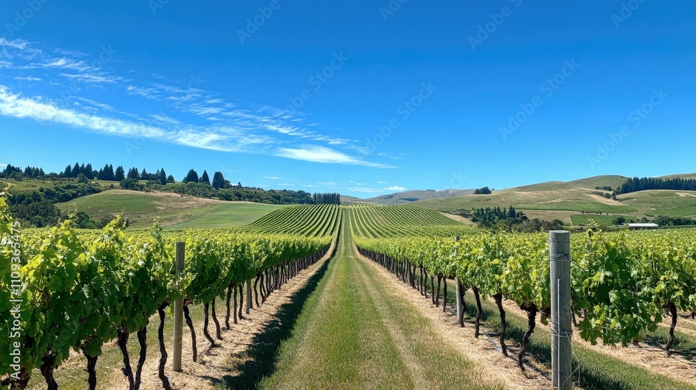 Naklejka premium Picturesque Vineyard Landscape Under Clear Blue Sky in Autumn