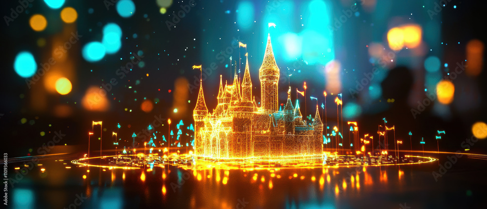 Fototapeta premium glowing holographic projection of magical castle surrounded by vibrant lights creates captivating atmosphere. intricate details and shimmering effects enhance enchanting scene
