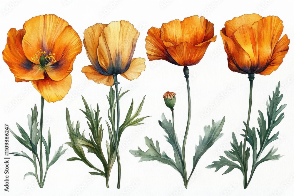 Fototapeta premium A vibrant illustration of orange poppy flowers showcasing their beauty and detail.
