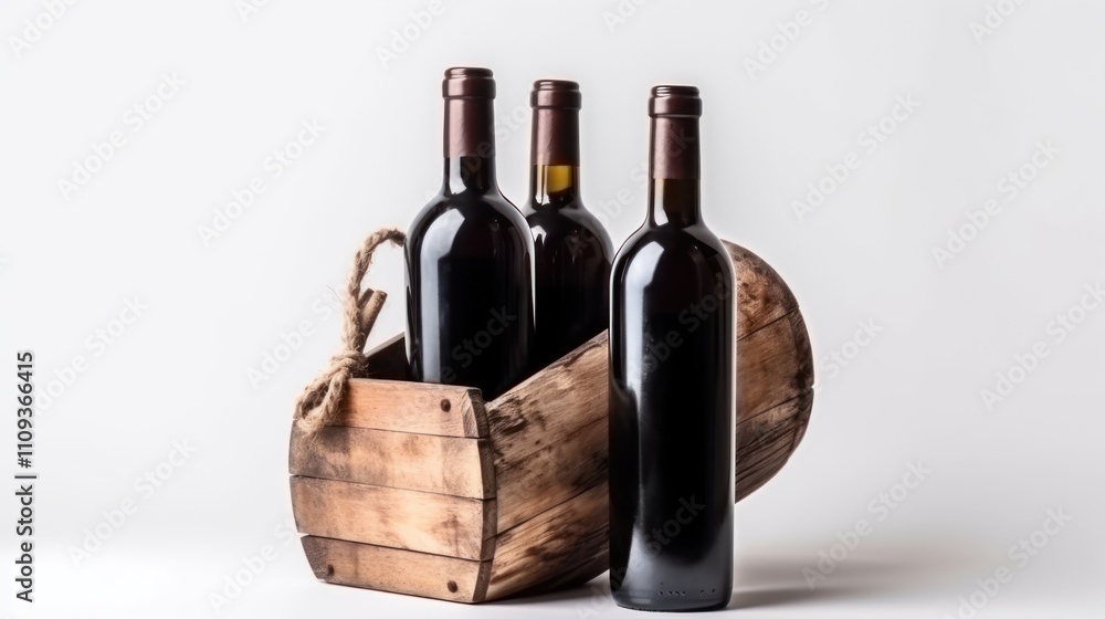 Three wine bottles in a wooden basket on a neutral background. Three wine bottles in a wooden basket on a neutral background.