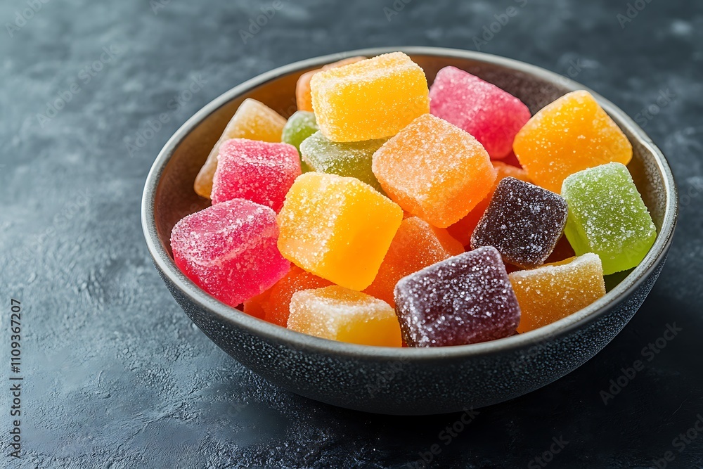 Colorful jelly candies on a dark stone background. Selective focus.