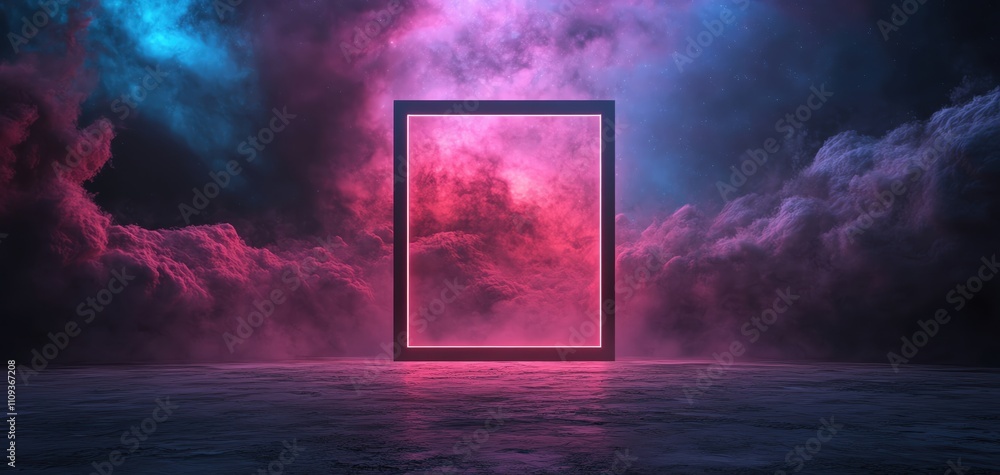 Obraz premium A framed portal amidst colorful clouds, creating a surreal and vibrant atmosphere.
