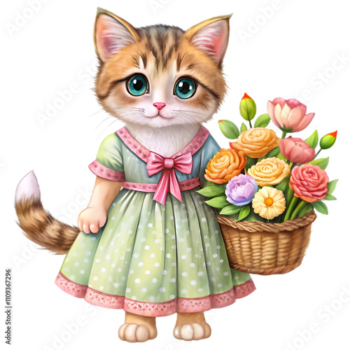 A kitten with green eyes stands  with a bouquet of flowers photo