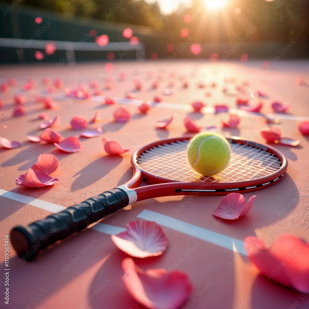 Valentine tennis court. A tennis racket and ball on a court covered with pink flower petals, illuminated by a warm sunset.