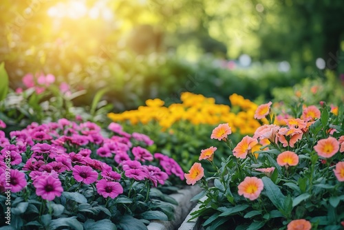 Wallpaper Mural Sunset light over vibrant garden flowers Torontodigital.ca