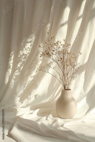 Vase with dried flowers in soft sunlight