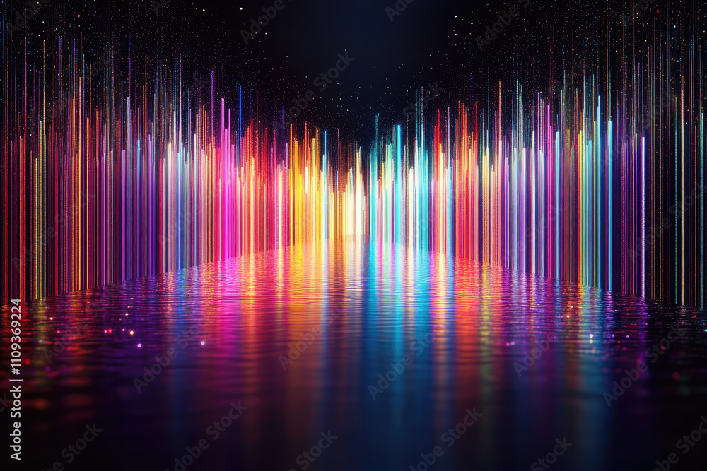 A vibrant, colorful soundwave visualization reflected on a dark surface, creating a dynamic and mesmerizing atmosphere. A vibrant, colorful soundwave visualization reflected on a dark surface, creating a dynamic and mesmerizing atmosphere.