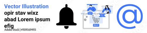 E-commerce website header featuring a notification bell, shoppers browsing, email symbol, and sample text. Ideal for online shopping, technology, marketing, user interface, digital communication web
