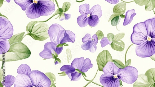 Seamless pattern of tender Sweet Violet flowers illustrated in watercolor perfect for textile design and nature inspired decor