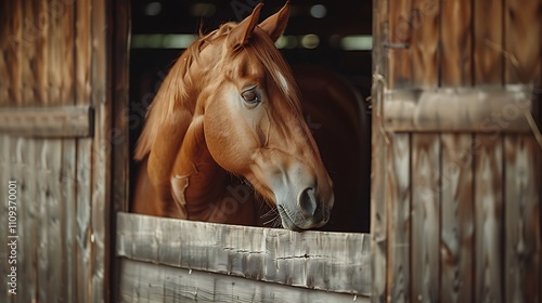 Portrait of a beautiful sorrel horse standing in a wooden stall in the stable. Agriculture and livestock. Photo of a horse. photo