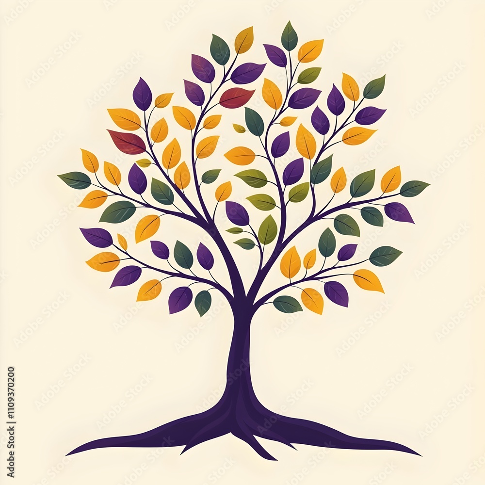 Obraz premium A vibrant, stylized tree with multicolored leaves in shades of green, yellow, orange, and purple. The tree has a strong, dark trunk with intricate roots showcased.