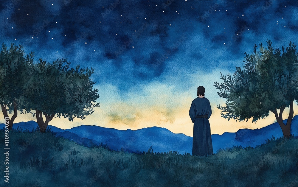Fototapeta premium A serene figure gazes at a starry sky, evoking contemplation and tranquility.