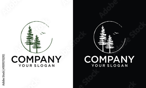 Creative modern pine tree on circle logo design vector silhouette.