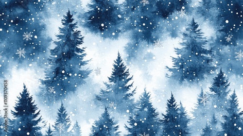 Seamless watercolor pattern of coniferous forest featuring Christmas fir trees and snow perfect for winter themed holiday backgrounds