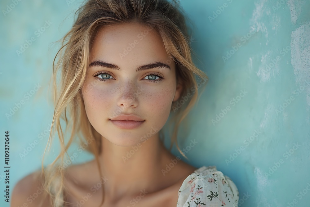 Naklejka premium Freckled Young Model Beautiful Face, Smooth Complexion, Bokeh
