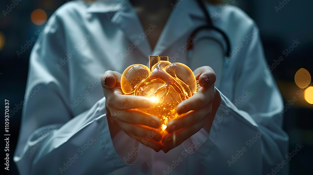 Medical doctor holding glowing heart with sparkle of life inside ...