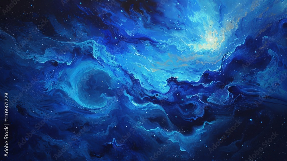 Swirling patterns of vivid blues and blacks create a stunning abstract cosmic scene resembling a galactic ocean. An imaginative exploration of space. AI generated. Swirling patterns of vivid blues and blacks create a stunning abstract cosmic scene resembling a galactic ocean. An imaginative exploration of space. AI generated.