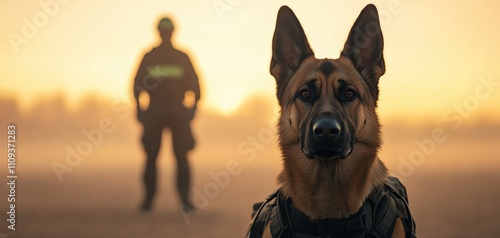 A trained German Shepherd stands alert in the foreground with a silhouette of a handler behind. photo