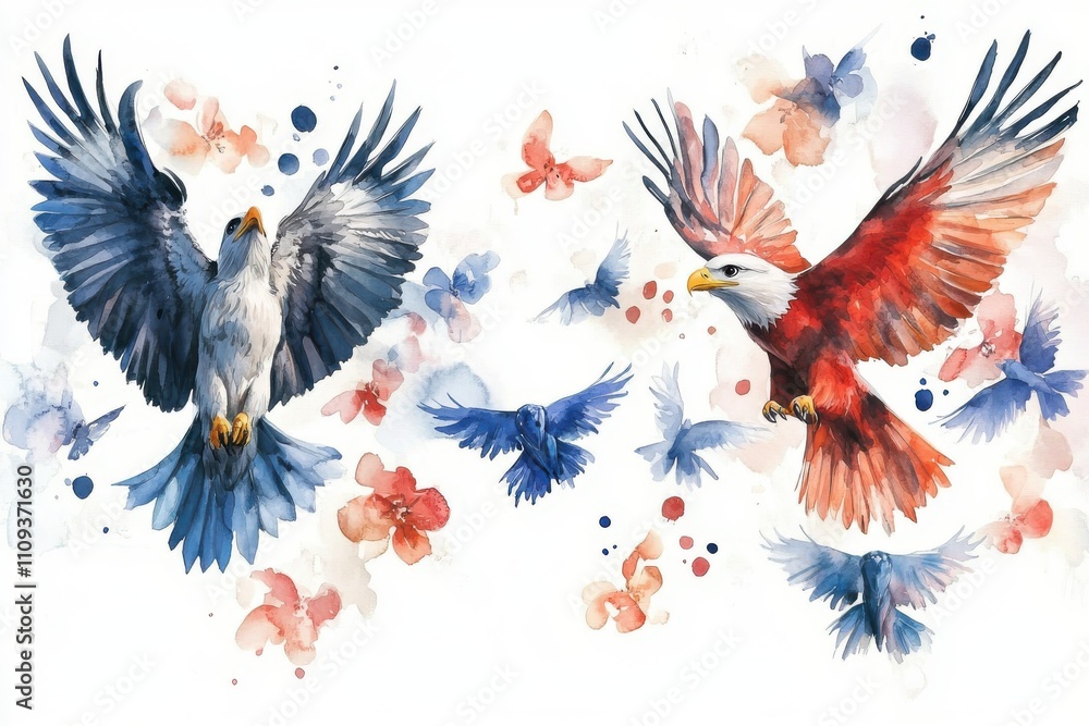 Obraz premium A vibrant watercolor illustration of birds in flight, surrounded by butterflies and floral accents.