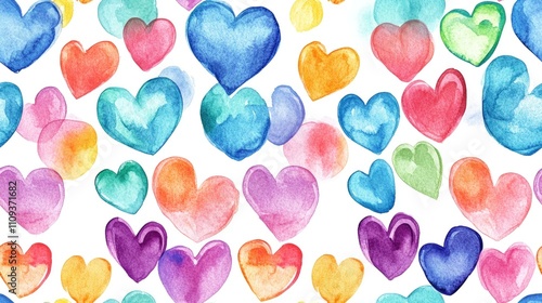 Seamless pattern of vibrant rainbow watercolor hearts on a crisp white background ideal for fabric design and stationery items