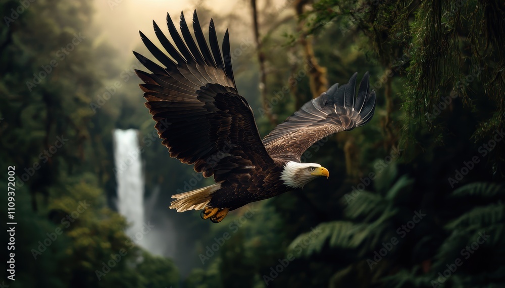 A majestic eagle soaring over a dense forest valley with cascading waterfalls and misty air A majestic eagle soaring over a dense forest valley with cascading waterfalls and misty air