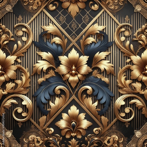  Luxurious Floral Pattern with Gold and Blue Metallic Accents