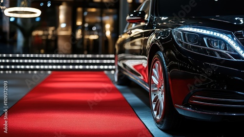 A luxury vehicle parked on a red carpet, suggesting an event.