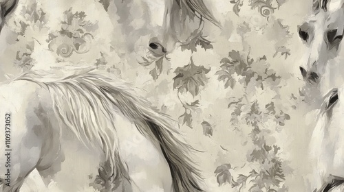 Seamless pattern featuring an elegant oil painting of two horses perfect for textile design and decor photo