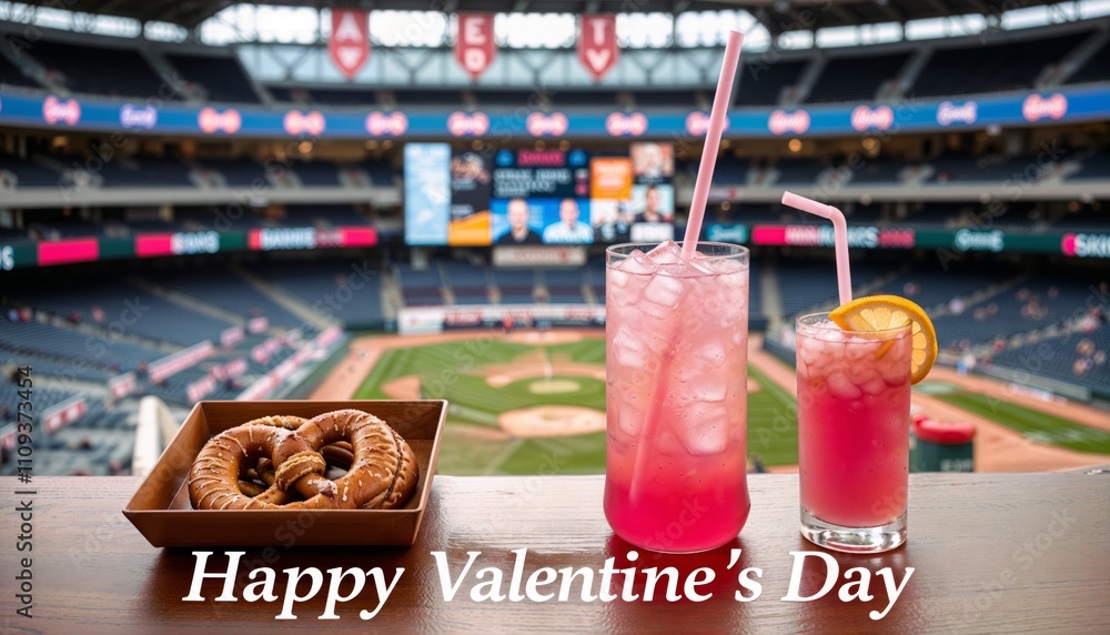 Valentine's Day at the Ballpark. A festive Valentine's Day scene at a baseball stadium with a pretzel and two pink drinks on a table overlooking the field.