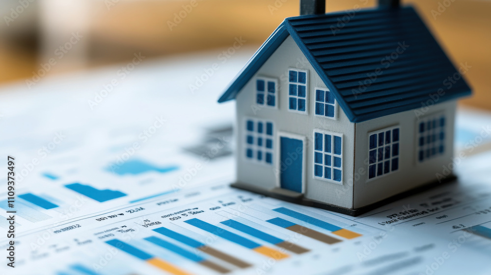 Digital analysis of rental trends with model house on charts Stock ...