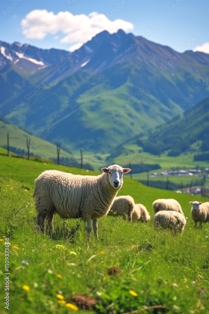 Fototapeta premium Sheep graze on a pasture against the backdrop of mountains Generative AI