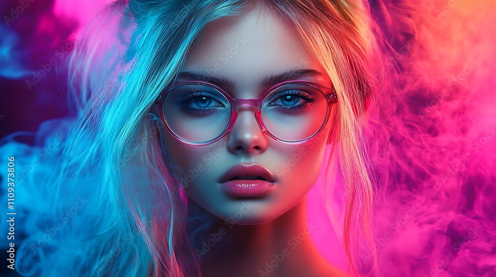 Fototapeta premium Vibrant portrait of a stylish young woman neon atmosphere art
