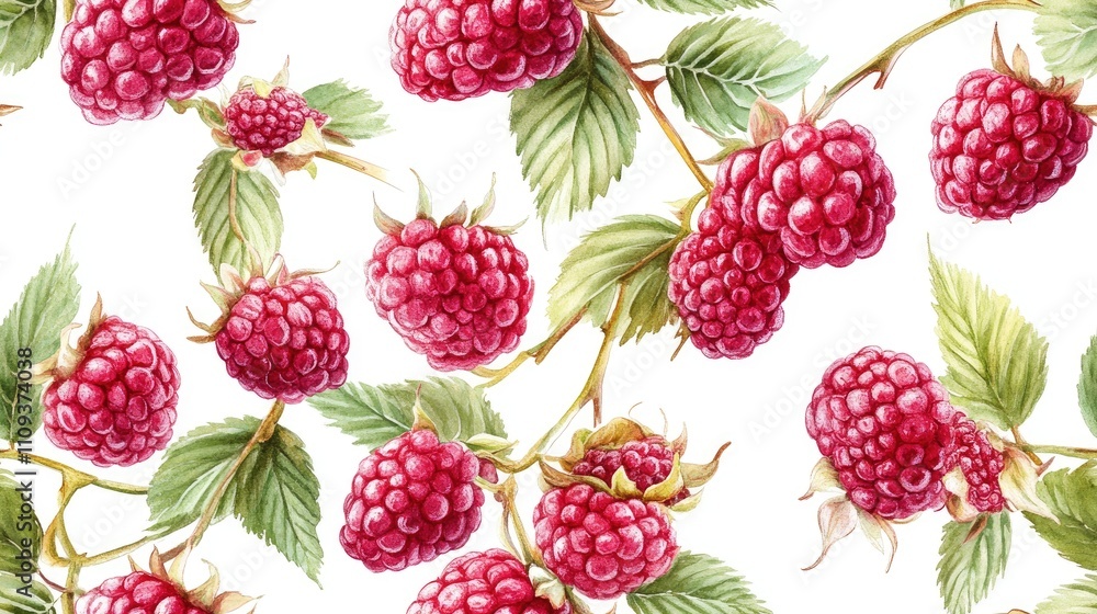 Seamless pattern of hand painted watercolor raspberries branches featuring delicate flowers and ripe pink and green berries ideal for textile design and home decor Seamless pattern of hand painted watercolor raspberries branches featuring delicate flowers and ripe pink and green berries ideal for textile design and home decor