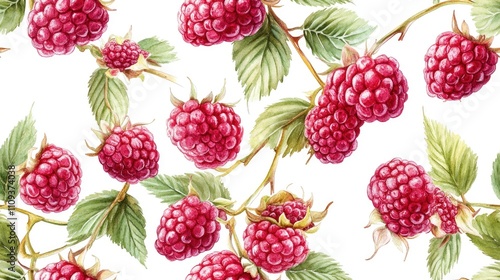 Seamless pattern of hand painted watercolor raspberries branches featuring delicate flowers and ripe pink and green berries ideal for textile design and home decor