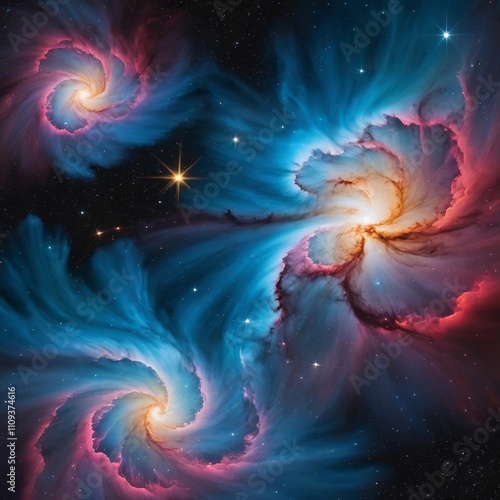 Swirling cosmic colors create a mesmerizing spectacle of galaxies in the vast expanse of space. Generative AI
