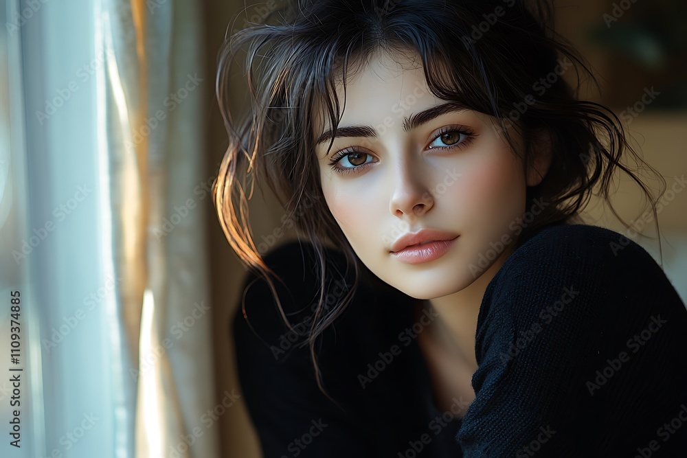 Golden Hour Brunette Girl Clear Complexion, Gentle Expression Golden Hour Brunette Girl Clear Complexion, Gentle Expression