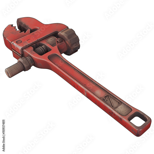 red pipe wrench with adjustable jaw is isolated on white background, showcasing its sturdy metal construction and ergonomic design, ideal for plumbing tasks and repairs