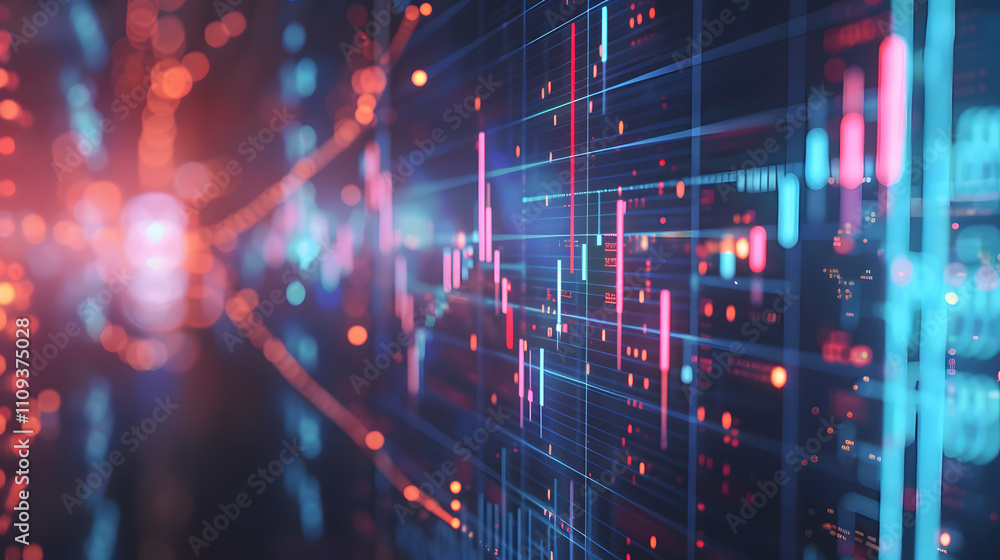 Fototapeta premium Data Visualization Elegance: Blue-Toned Charts with Technological Lines and Particles in a Mysterious FUI Environment.