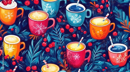 Seamless pattern of bright multicolored cups filled with Christmas drinks alongside a vibrant winter bouquet perfect for festive design and cozy holiday themes photo