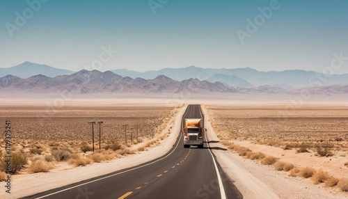 Long stretch of highway winds through a vast desert landscape with a truck making its way toward distant mountains. Generative AI