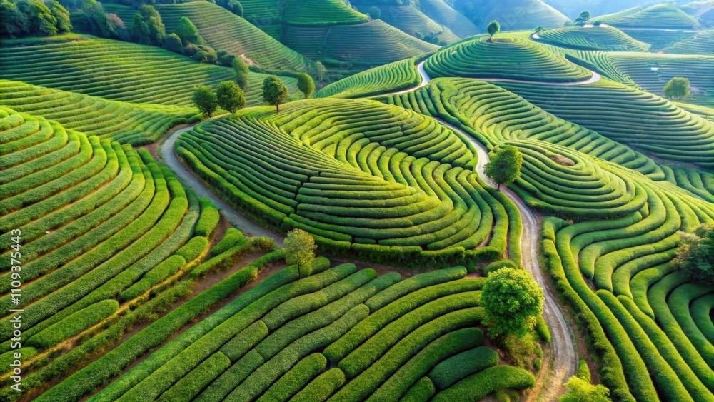 A beautiful aerial view of a lush Chinese tea plantation with neatly organized rows of tea plants , tea, plantation A beautiful aerial view of a lush Chinese tea plantation with neatly organized rows of tea plants , tea, plantation