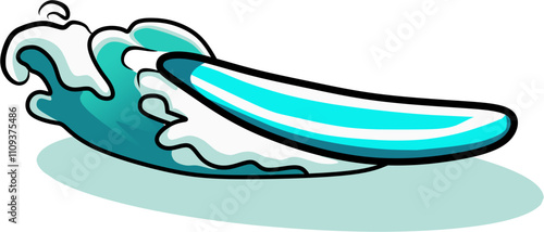 Vector surfboard hit by waves, cartoon surfboard with waves