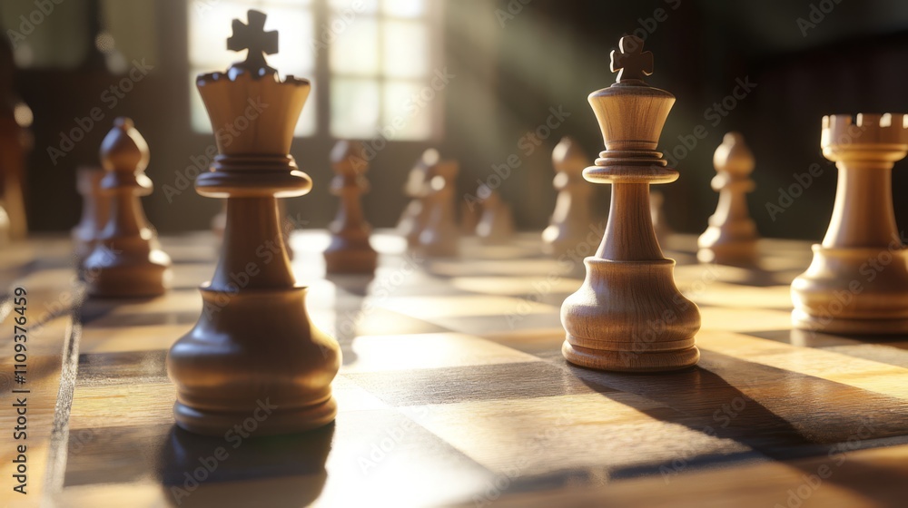 Chess pieces on a board, illuminated by sunlight. Chess pieces on a board, illuminated by sunlight.