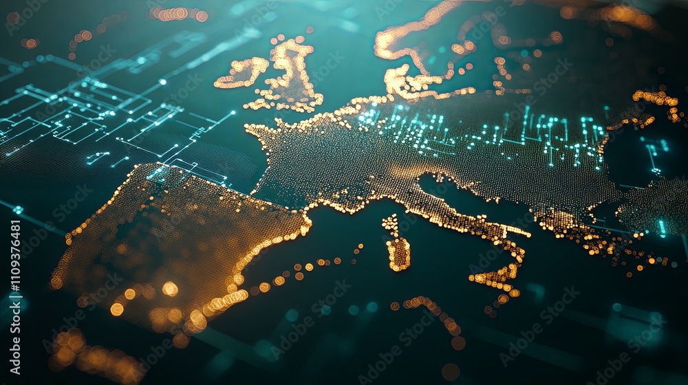 Fototapeta premium Europecentric Earth made of dots binary lines showcasing big data global business and cryptocurrency