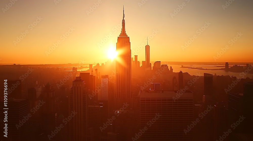 Fototapeta premium Sunset over a city skyline featuring a prominent tall building.
