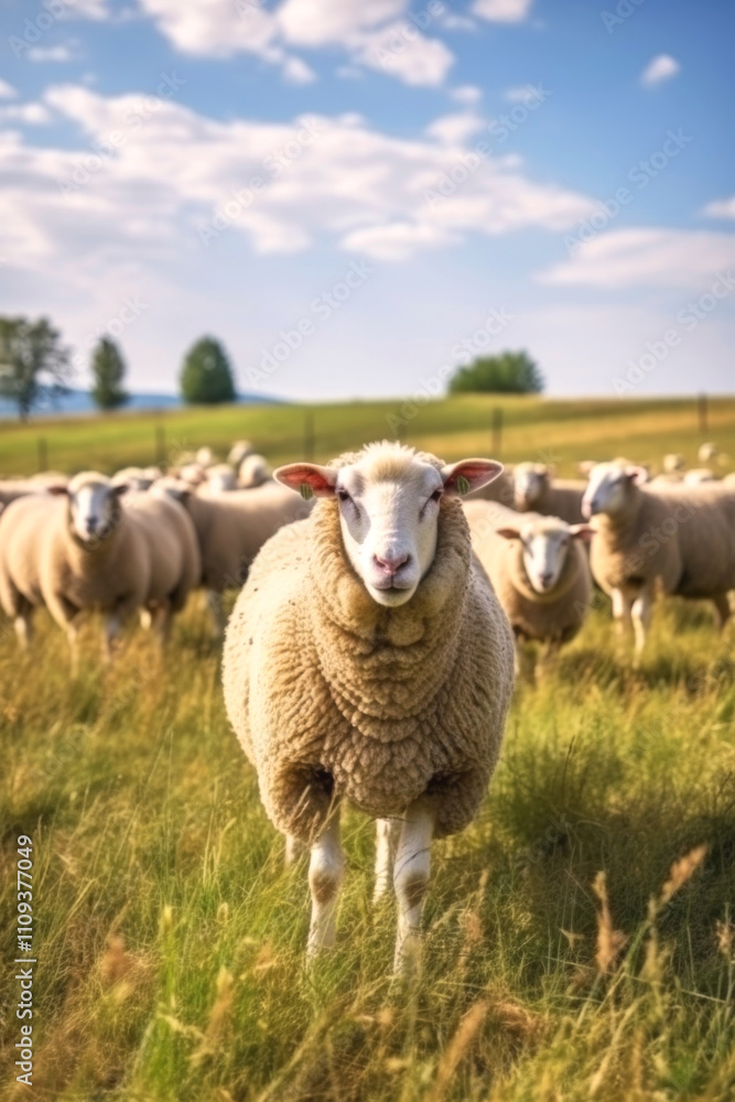 Obraz premium Sheep graze on a pasture against the backdrop of mountains Generative AI