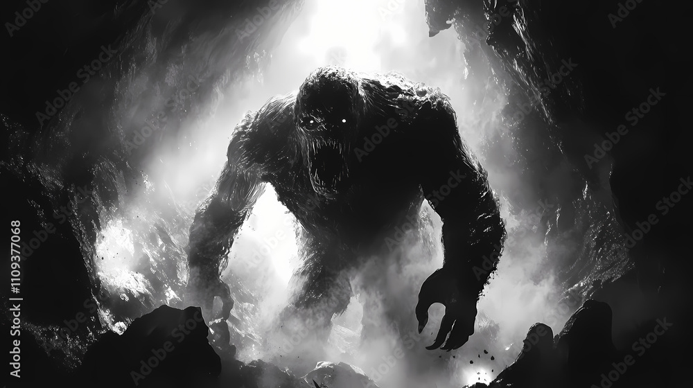 Fototapeta premium Underground epic monster, colossal primal entity emerging from glimmering cavernous underworld in dramatic cosmic horror chiaroscuro. Abyssal. Illustration