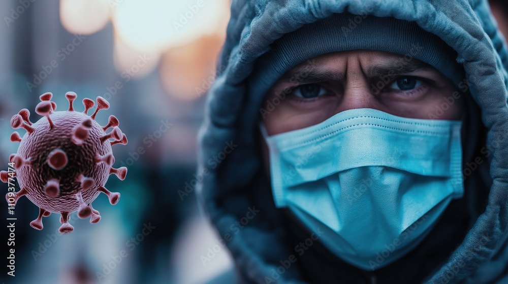 A masked individual in a hoodie gazes intensely, with a graphic of the coronavirus nearby, symbolizing the ongoing pandemic and its impact on society. A masked individual in a hoodie gazes intensely, with a graphic of the coronavirus nearby, symbolizing the ongoing pandemic and its impact on society.