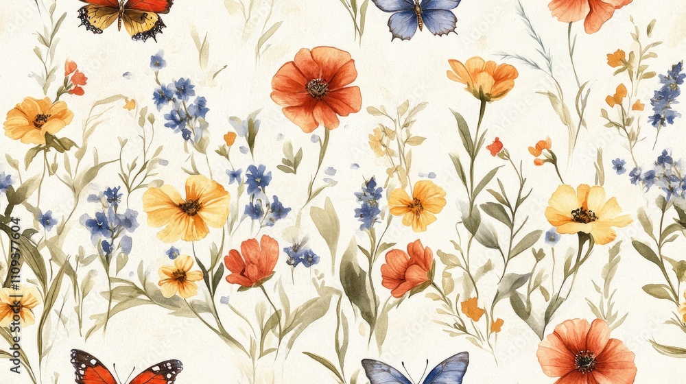 Seamless watercolor pattern featuring hand drawn meadow flowers leaves butterflies and dragonflies ideal for textile designs and home decor Seamless watercolor pattern featuring hand drawn meadow flowers leaves butterflies and dragonflies ideal for textile designs and home decor