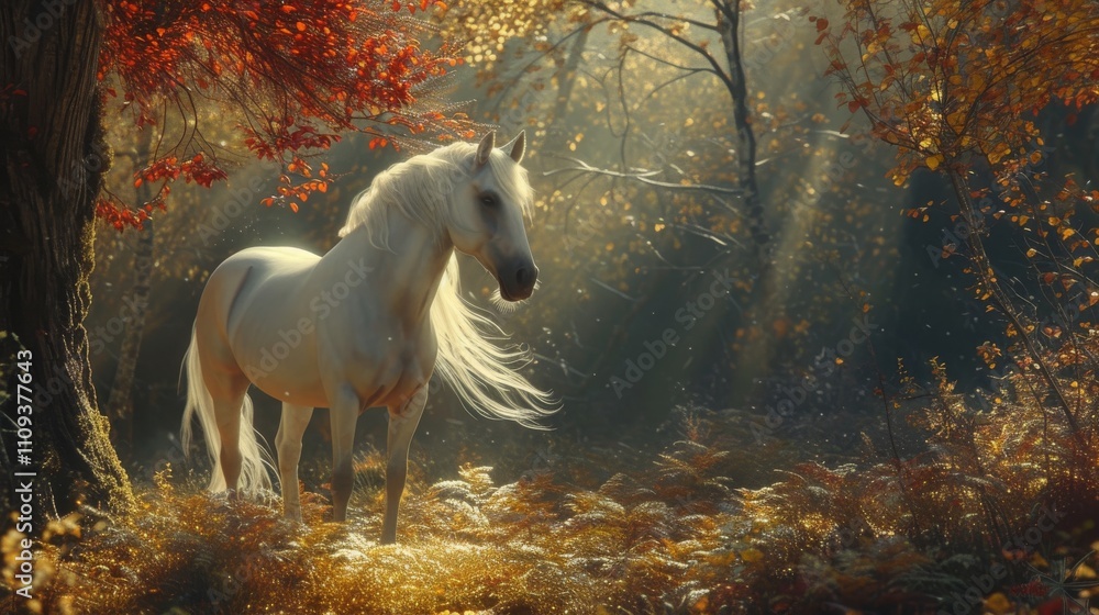A graceful white horse stands amidst a sunlit autumn forest, its flowing mane illuminated by warm rays of light. Tranquil and captivating scenery. AI generated. A graceful white horse stands amidst a sunlit autumn forest, its flowing mane illuminated by warm rays of light. Tranquil and captivating scenery. AI generated.